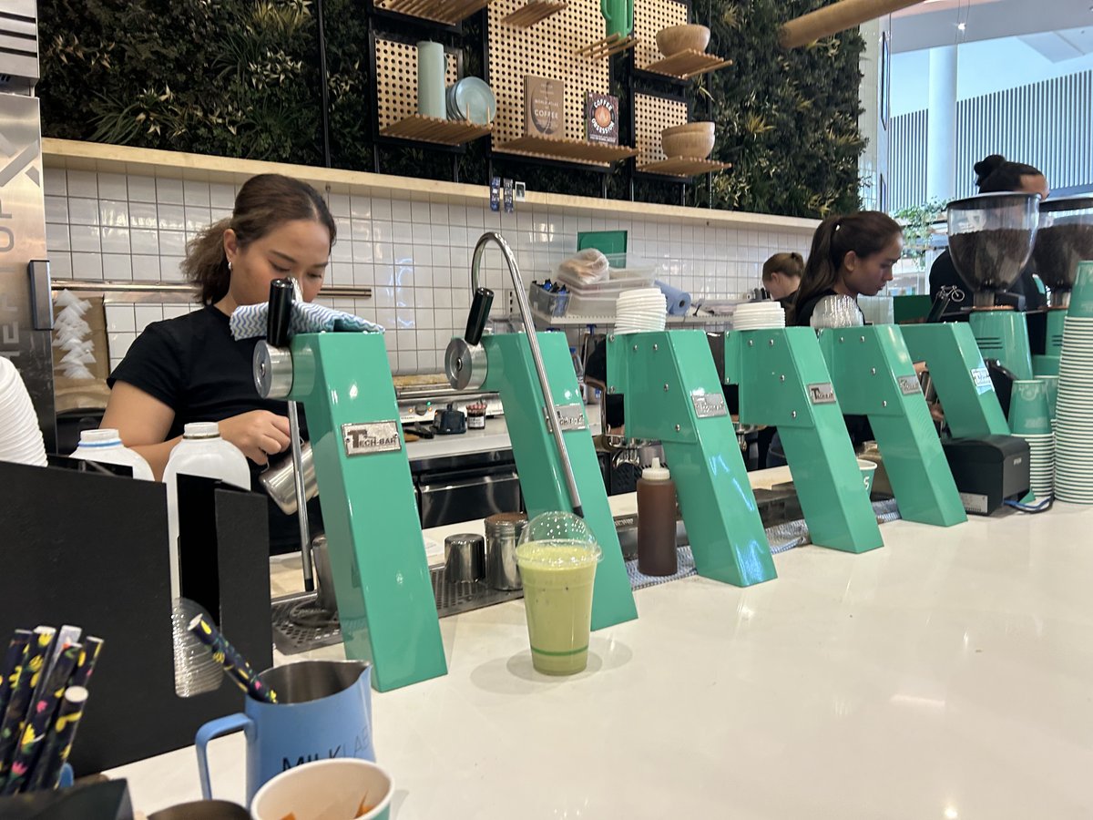 Barista at the green-finished coffee counter at 365 Coffee